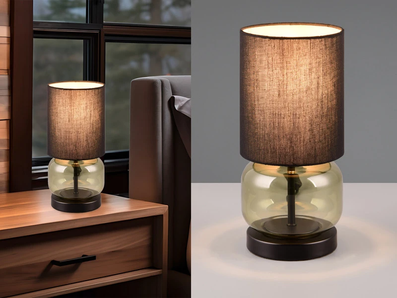 Trio Leuchten Tischleuchte ELIO Mit Glasfuß Grün Und Stoffschirm Schwarz, Höhe 28cm 1 Trio Leuchten Tischleuchte ELIO Mit Glasfuß Grün Und Stoffschirm Schwarz, Höhe 28cm