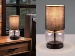 Trio Leuchten Tischleuchte ELIO Mit Glasfuß Rauchglas Und Stoffschirm Schwarz, Höhe 28cm