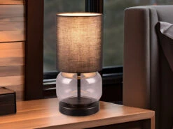 Trio Leuchten Tischleuchte ELIO Mit Glasfuß Rauchglas Und Stoffschirm Schwarz, Höhe 28cm -Licht Welt Geschaft tischleuchte elio mit glasfuss rauchglas und stoff 6