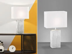 Fischer & Honsel Tischleuchte FLENS Eckig, Keramikfuß Silber Antik & Stoffschirm Weiß, 50cm Groß