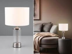 Reality Leuchten Tischleuchte GRAZIA Silber Mit Glasfuß Und Stoffschirm Weiß, Höhe 33cm