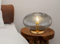 Globo Tischleuchte NORMY Aus Rauchglas Rillenglas Messing, Ø 30cm