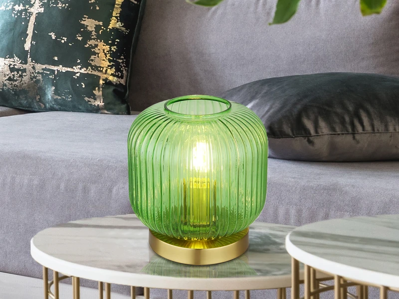 Globo Tischleuchte NORMY Aus Rillenglas Grün Messing, Ø 20cm 1 Globo Tischleuchte NORMY Aus Rillenglas Grün Messing, Ø 20cm