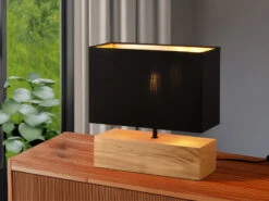 Reality Leuchten Tischleuchte WOODY Holzfuß Stoffschirm Schwarz/Gold 12x30cm Höhe 30cm
