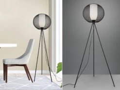 Trio Leuchten Tripod Stehlampe FILO Metall Gitterschirm Schwarz Mit Glas Weiß 150cm