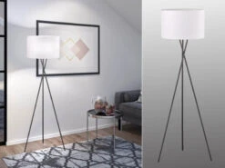 Fischer & Honsel Tripod Stehlampe WOTAN Schwarz Mit Leinenschirm Weiß Ø 45cm - Höhe 160cm