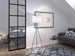 Fischer & Honsel Tripod Stehlampe WOTAN Schwarz Mit Leinenschirm Weiß Ø 45cm - Höhe 160cm -Licht Welt Geschaft tripod stehlampe wotan schwarz mit leinenschirm we 4