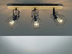 MeineWunschleuchte Vintage Deckenstrahler 3-flammig Mit Dimmbarer LED, Gitterlampe Schwarz / Holz