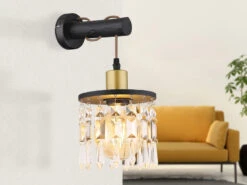 Globo Wandleuchte COMMA Mit Holz & Glaskristallen Schwarz Gold, Höhe 37cm