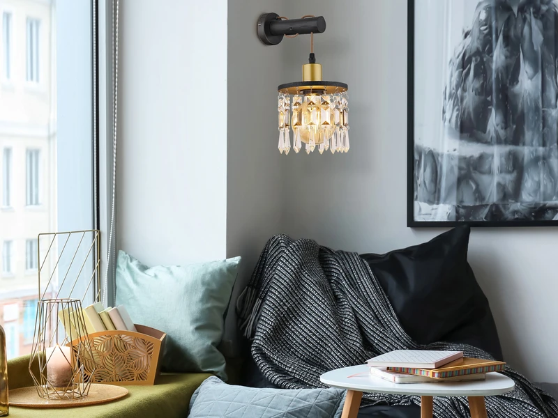 Globo Wandleuchte COMMA Mit Holz & Glaskristallen Schwarz Gold, Höhe 37cm 6 Globo Wandleuchte COMMA Mit Holz & Glaskristallen Schwarz Gold, Höhe 37cm – Bild 6