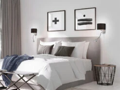 Trio Leuchten Wandleuchte HOTEL Mit LED Leselampe & Stecker, Stoffschirm Schwarz Ø20cm -Licht Welt Geschaft wandleuchte hotel mit led leselampe stecker stoffs 13