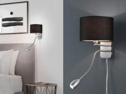 Trio Leuchten Wandleuchte HOTEL Mit LED Leselampe & Stecker, Stoffschirm Schwarz Ø20cm