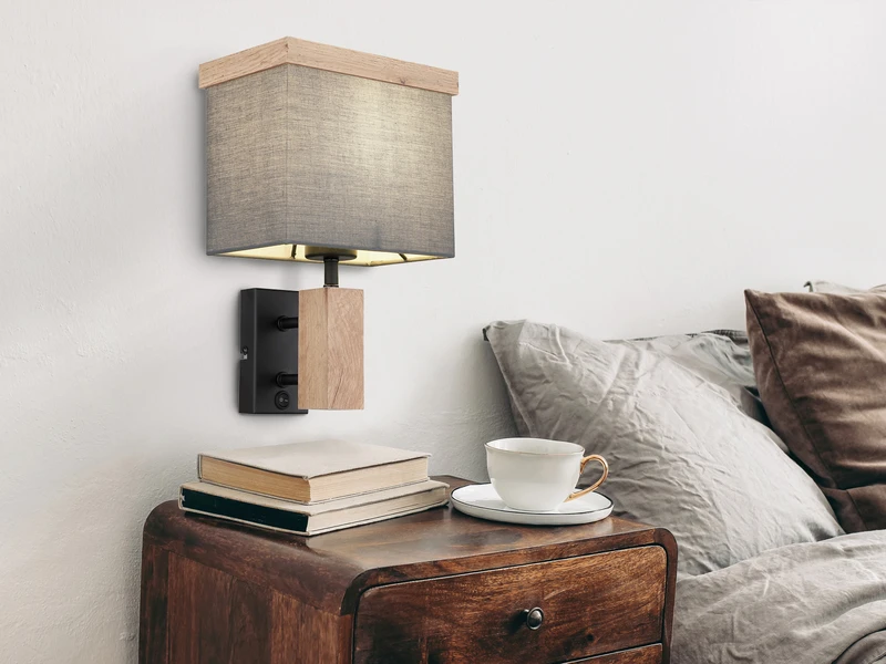 Globo Wandleuchte OSSI Mit Stoff Lampenschirm Und Holzoptik, Höhe 30cm 5 Globo Wandleuchte OSSI Mit Stoff Lampenschirm Und Holzoptik, Höhe 30cm – Bild 5